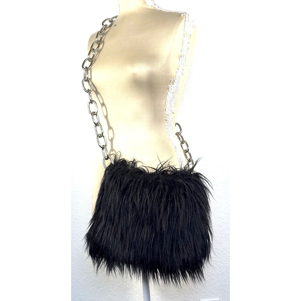 Widow Dolls Kill Black Shaggy Faux Fur Chain Shoulder Crossbody Bag Goth Y2K Emo